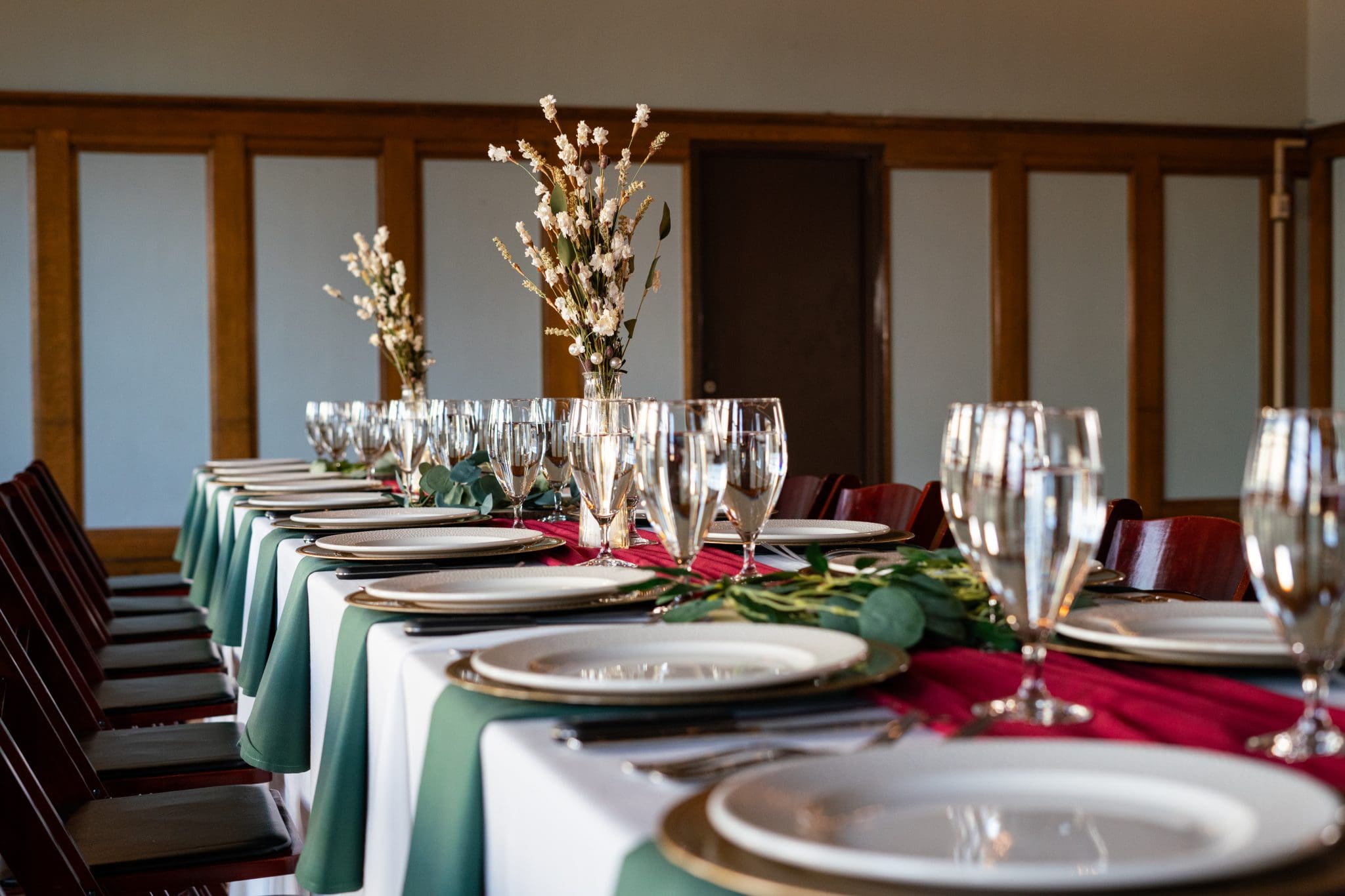 Place setting on table on third floor room to rent at Montvale Event Center